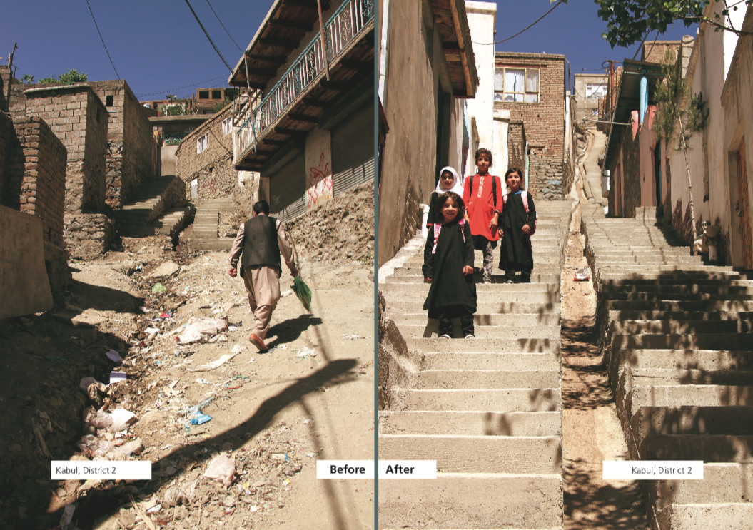 Before and after photos of a repaired urban access path.