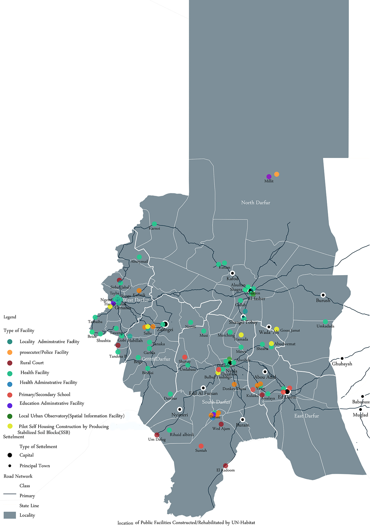 Map showing the public facilities contructed or rehabilitated by UN-Habitat.