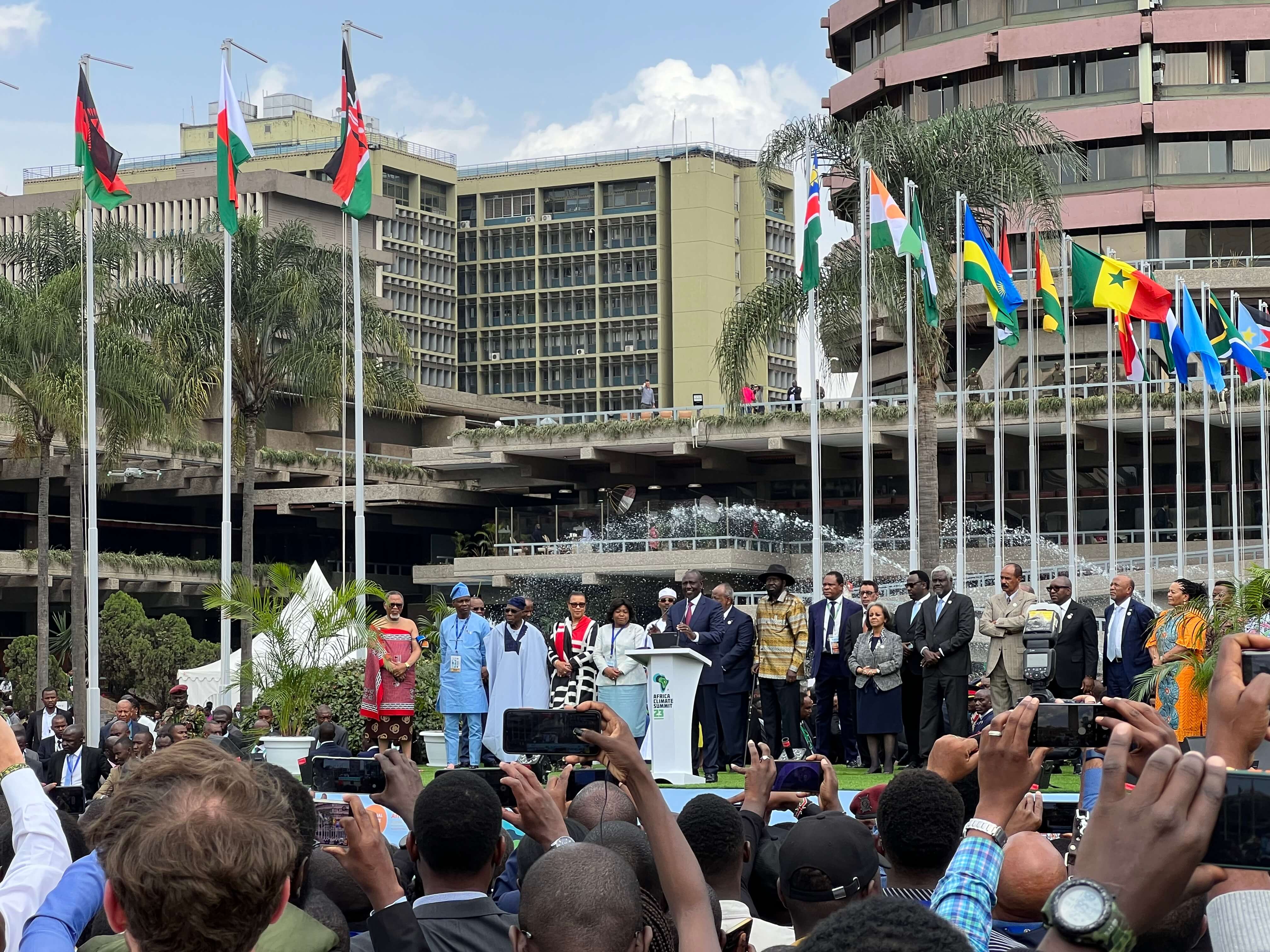 Kenyan President William Ruto and African leaders unite in celebration after signing the Nairobi Declaration during the ACS closing ceremony.